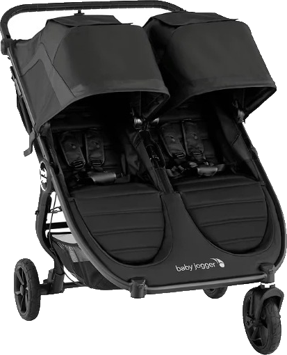 City Mini GT2 double stroller, three-quarter view, all-terrain tyres and hand brake visible under the handlebar