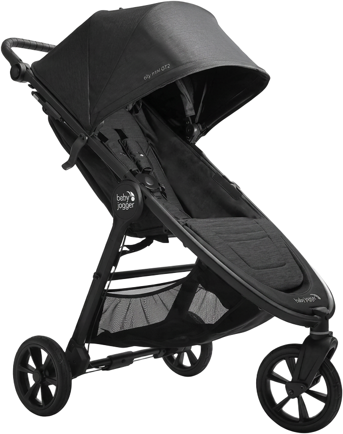 City Mini GT2 single stroller, side profile, showing all-terrain rubber tyres and adjustable handlebar with hand brake