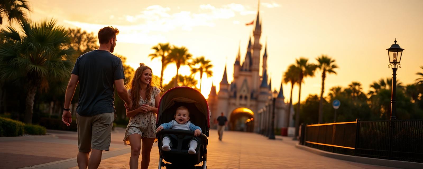 Family pushing a stroller toward an Orlando theme park at sunset