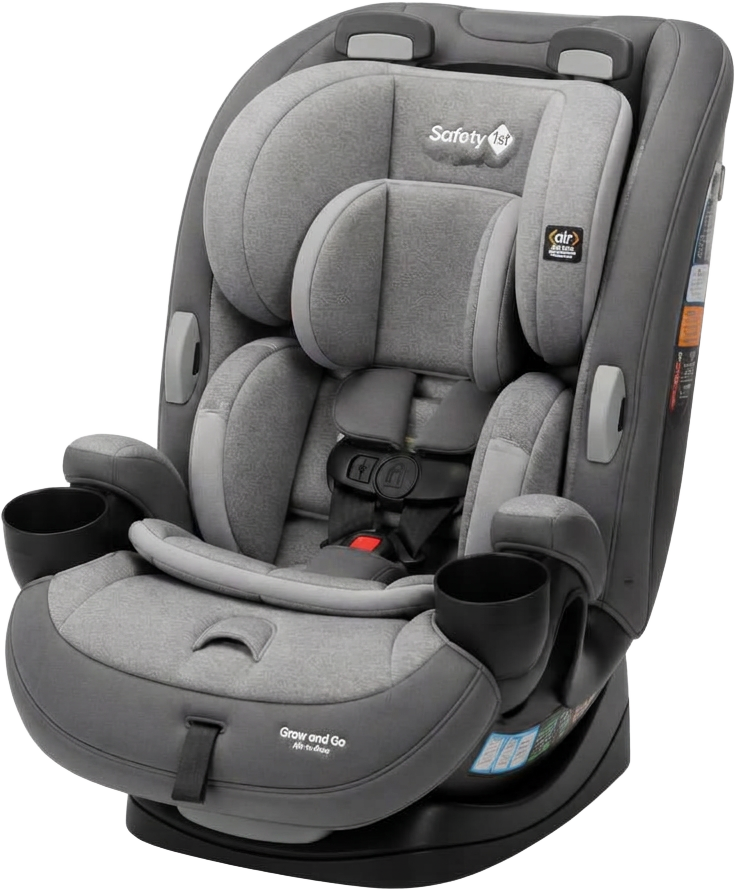 OneFit ClearTex all-in-one convertible car seat in grey, front view, harness extended and LATCH connectors visible